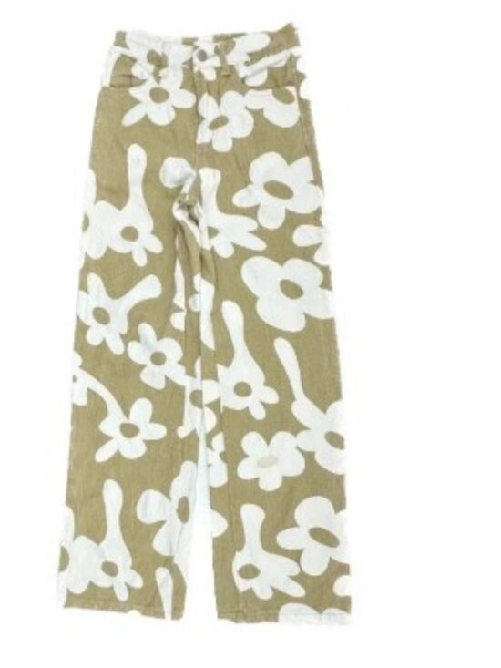 Bailey Rose Pants - Bailey Rose Baggy Straight Women's size M Beige White Flowers Denim Jeans